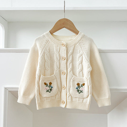 MyKids-USA® Baby Girls Comfortable Flowers Embroidery Pattern Pocketed Knitted Long Sleeves Cardigan