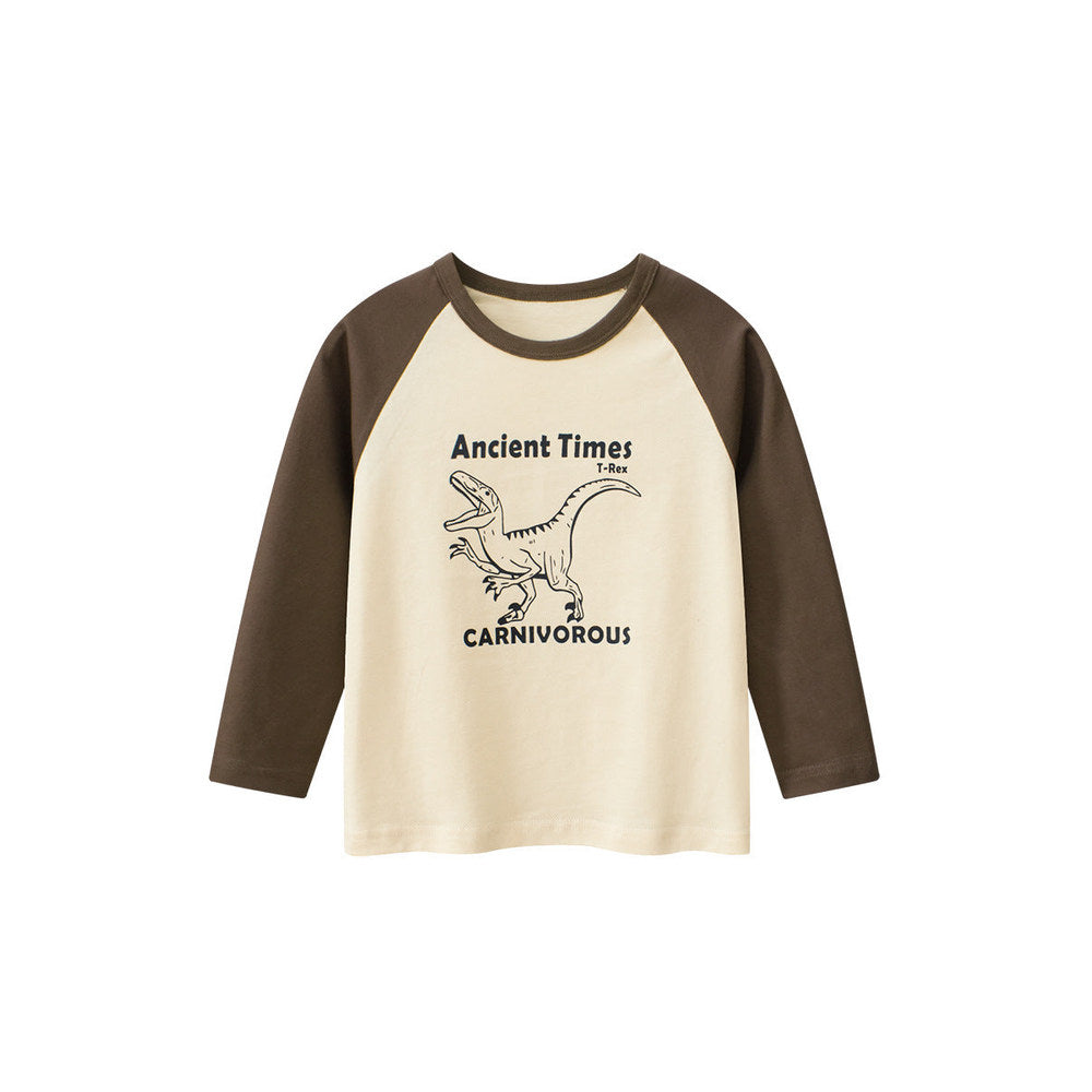 MyKids-USA® Baby Boys Letters and Dinosaur Print Color Patchwork Long Sleeves Crew Neck Base Top Shirt