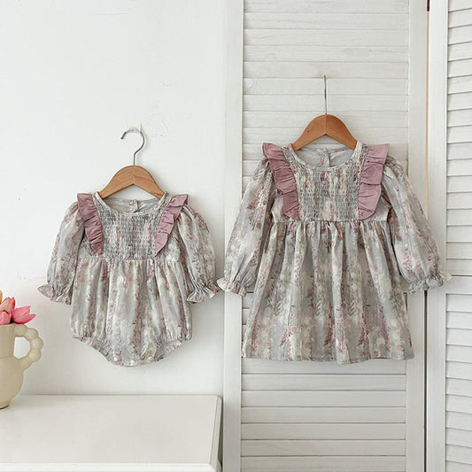 MyKids-USA® Baby Girls French-style Floral Long-sleeved bodysuit and Dress – Princess Sister Matching Set