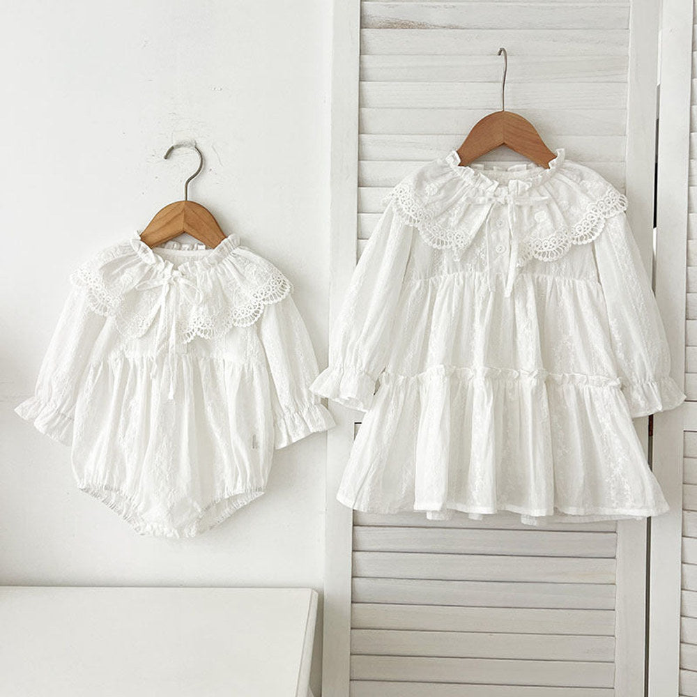 MyKids-USA® Design Floral Embroidery Pattern Baby Kids Girls Bow-Tied Collar bodysuit or Dress – Princess Sister Matching
