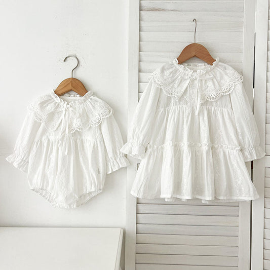 MyKids-USA® Design Floral Embroidery Pattern Baby Kids Girls Bow-Tied Collar bodysuit and Dress – Princess Sister Matching Set