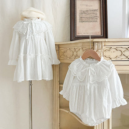MyKids-USA® Design Floral Embroidery Pattern Baby Kids Girls Bow-Tied Collar bodysuit or Dress – Princess Sister Matching