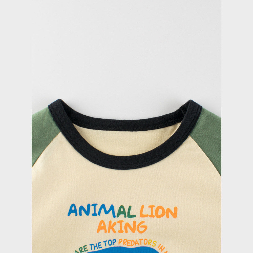 MyKids-USA® Baby Boys Letters and Lion Print Color Patchwork Long Sleeves Crew Neck Base Top Shirt