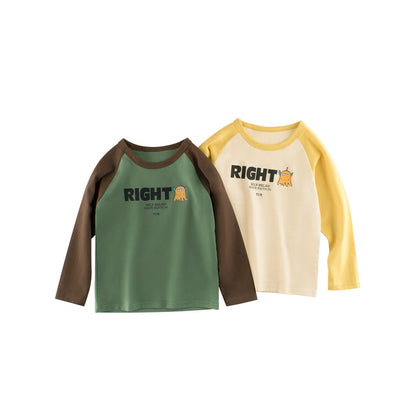 MyKids-USA® Baby Boys Letters and Cartoon Print Color Patchwork Long Sleeves Crew Neck Base Top Shirt