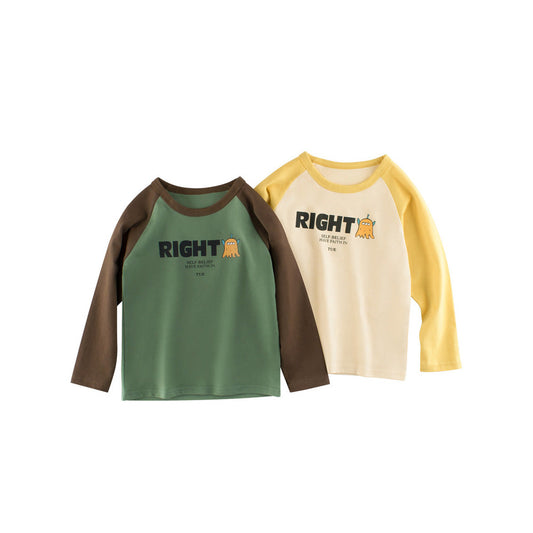 MyKids-USA® Baby Boys Letters and Cartoon Print Color Patchwork Long Sleeves Crew Neck Base Top Shirt