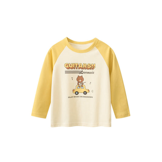 MyKids-USA® Kids Girls Cartoon Print Crew Neck Long Sleeves Color Patchwork Shirt