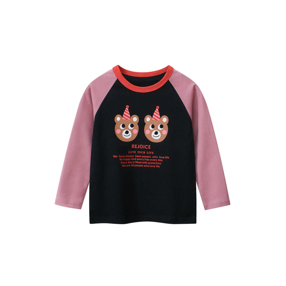 MyKids-USA® Kids Girls Cartoon Print Crew Neck Long Sleeves Color Patchwork Shirt