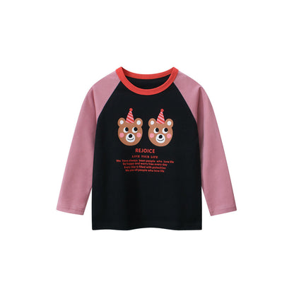 MyKids-USA® Kids Girls Cartoon Print Crew Neck Long Sleeves Color Patchwork Shirt