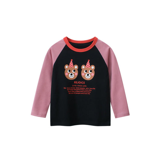 MyKids-USA® Kids Girls Cartoon Print Crew Neck Long Sleeves Color Patchwork Shirt