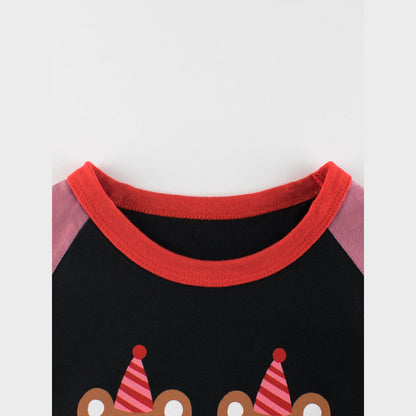 MyKids-USA® Kids Girls Cartoon Print Crew Neck Long Sleeves Color Patchwork Shirt