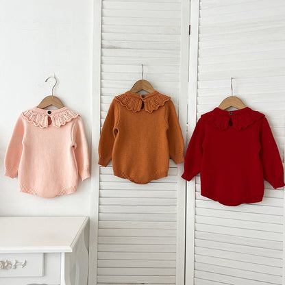 MyKids-USA® Design Baby Girls Flowers Embroidery Pattern Long Sleeves Ruffle Collar Knitted bodysuit