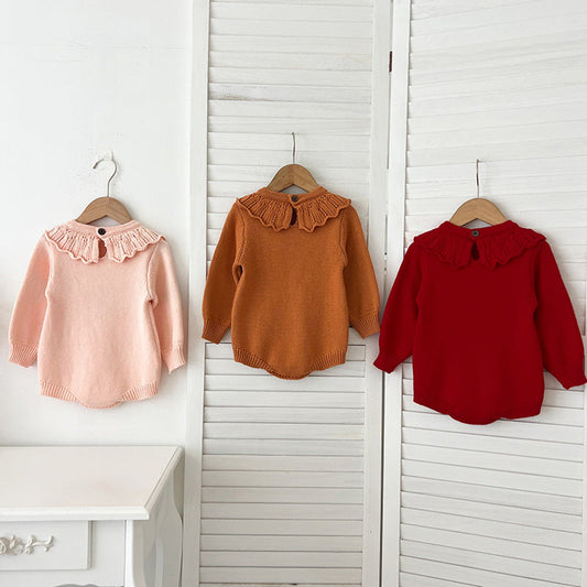 MyKids-USA® Design Baby Girls Flowers Embroidery Pattern Long Sleeves Ruffle Collar Knitted bodysuit