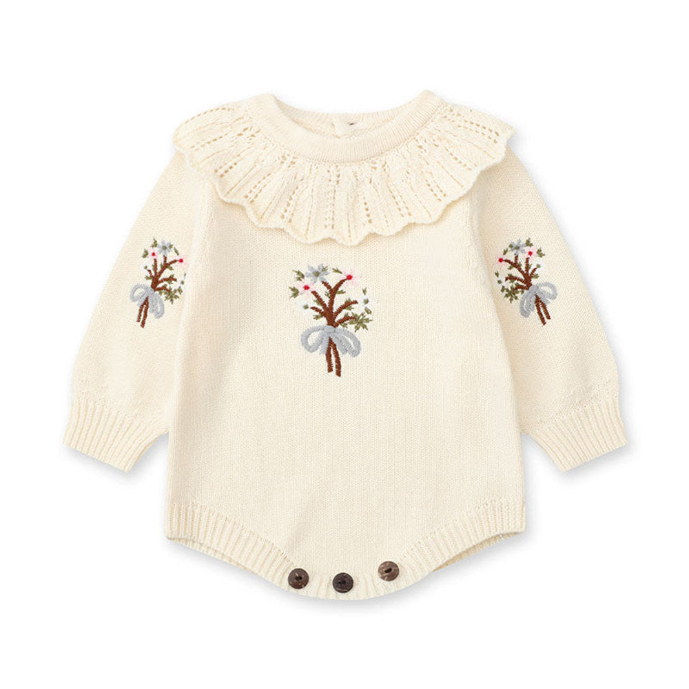 MyKids-USA® Design Baby Girls Flowers Embroidery Pattern Long Sleeves Ruffle Collar Knitted bodysuit