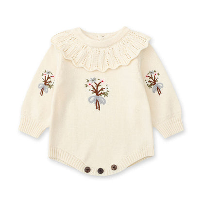 MyKids-USA® Design Baby Girls Flowers Embroidery Pattern Long Sleeves Ruffle Collar Knitted bodysuit