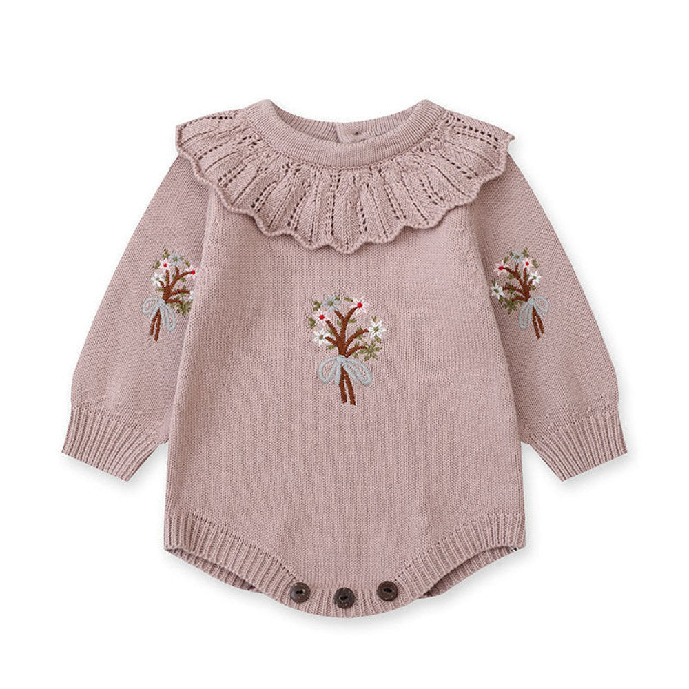MyKids-USA® Design Baby Girls Flowers Embroidery Pattern Long Sleeves Ruffle Collar Knitted bodysuit