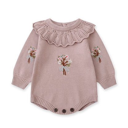 MyKids-USA® Design Baby Girls Flowers Embroidery Pattern Long Sleeves Ruffle Collar Knitted bodysuit