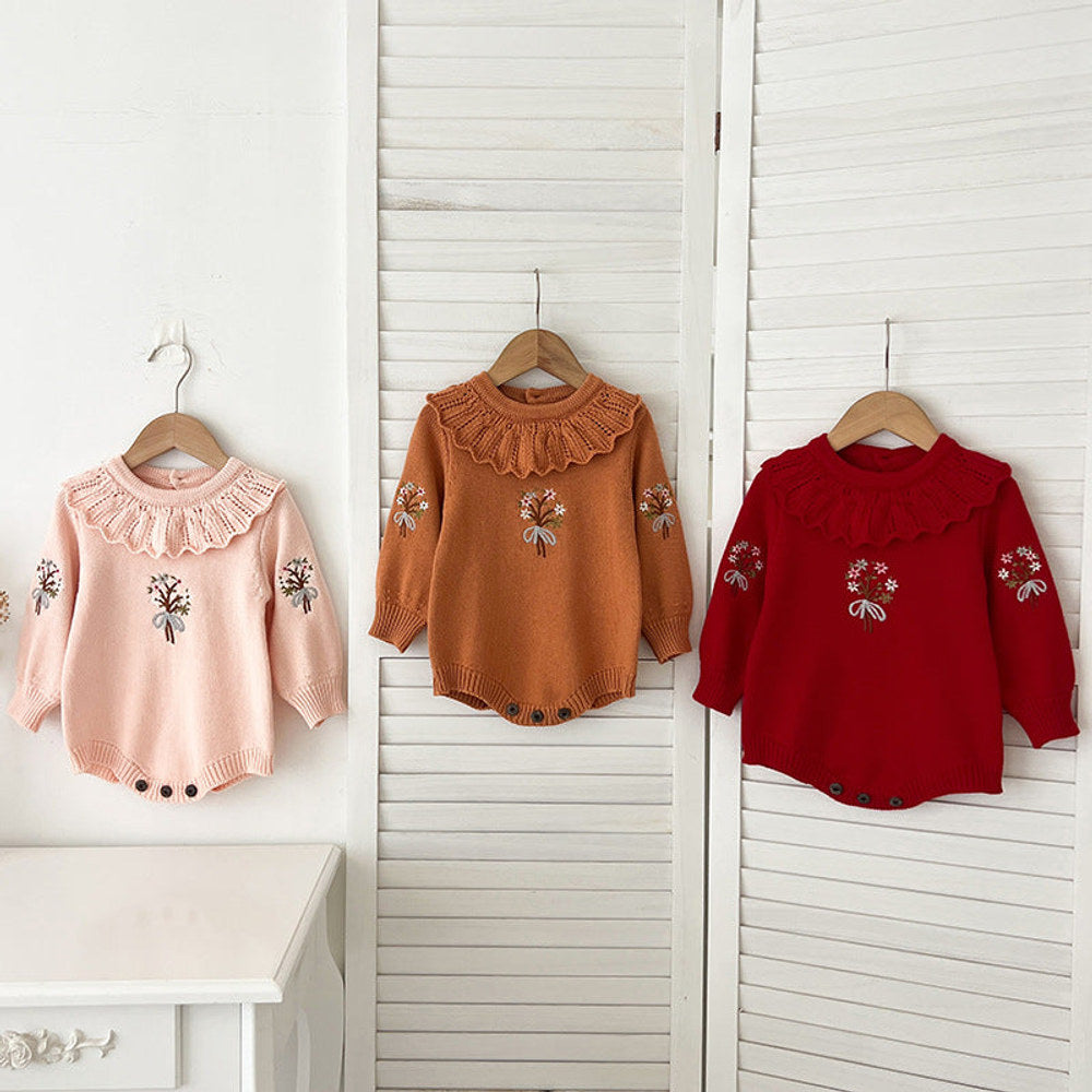 MyKids-USA® Design Baby Girls Flowers Embroidery Pattern Long Sleeves Ruffle Collar Knitted bodysuit