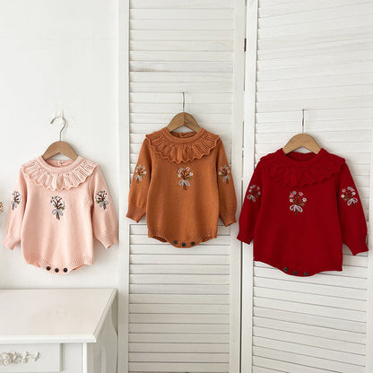 MyKids-USA® Design Baby Girls Flowers Embroidery Pattern Long Sleeves Ruffle Collar Knitted bodysuit