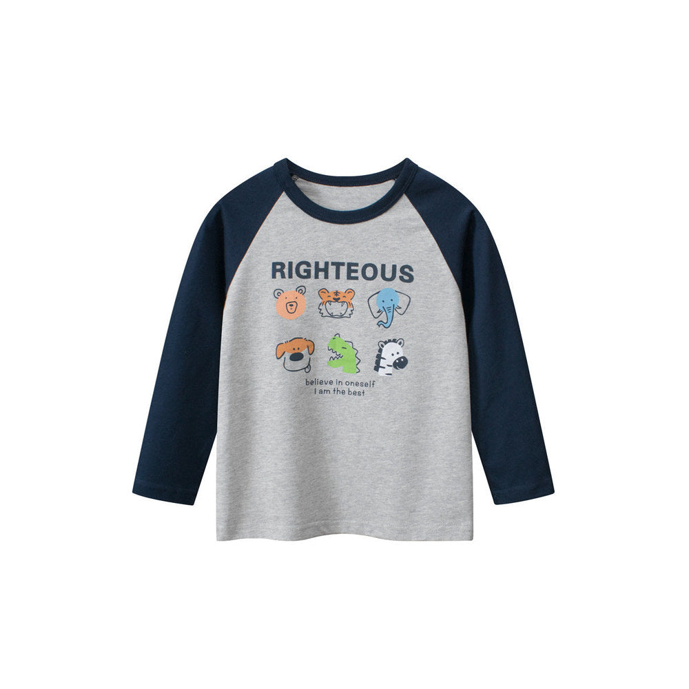 MyKids-USA® Baby Boys Letters and Animals Print Color Patchwork Long Sleeves Crew Neck Base Top Shirt