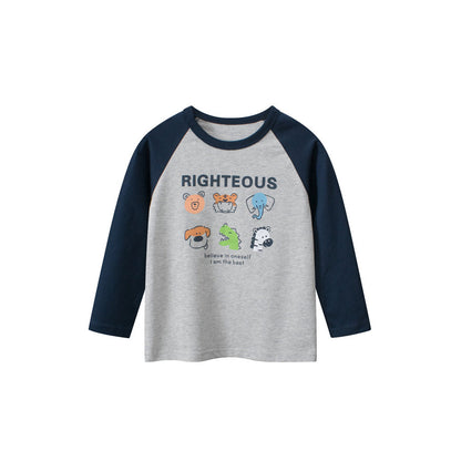 MyKids-USA® Baby Boys Letters and Animals Print Color Patchwork Long Sleeves Crew Neck Base Top Shirt