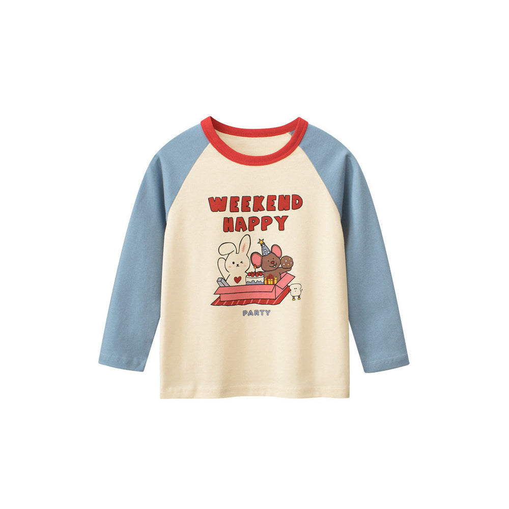MyKids-USA® Kids Girls Cartoon Print Crew Neck Long Sleeves Color Patchwork Shirt
