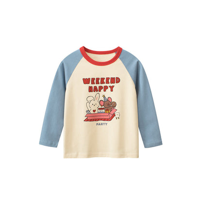 MyKids-USA® Kids Girls Cartoon Print Crew Neck Long Sleeves Color Patchwork Shirt