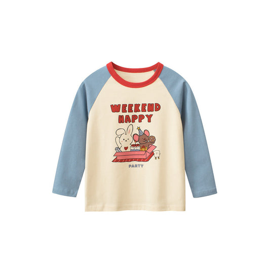 MyKids-USA® Kids Girls Cartoon Print Crew Neck Long Sleeves Color Patchwork Shirt