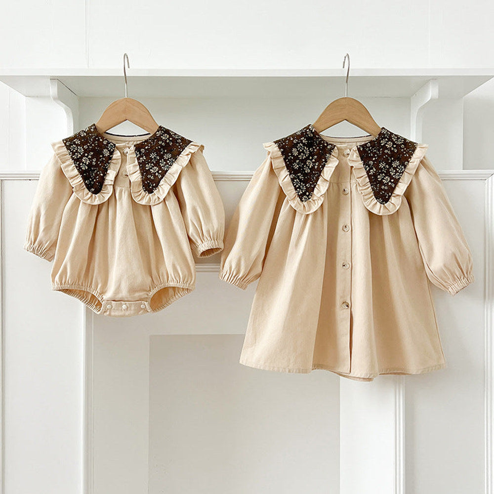 MyKids-USA® Vintage Flowers Pattern Embroidery Collar Baby Kids Girls bodysuit or Dress – Princess Sister Matching