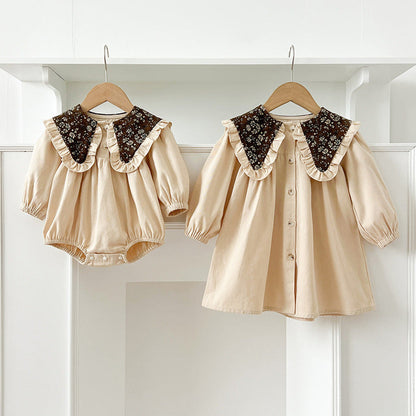 MyKids-USA® Vintage Flowers Pattern Embroidery Collar Baby Kids Girls bodysuit or Dress – Princess Sister Matching