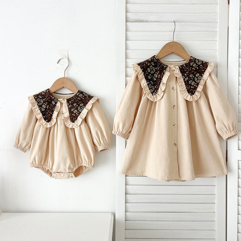 MyKids-USA® Vintage Flowers Pattern Embroidery Collar Baby Kids Girls bodysuit or Dress – Princess Sister Matching