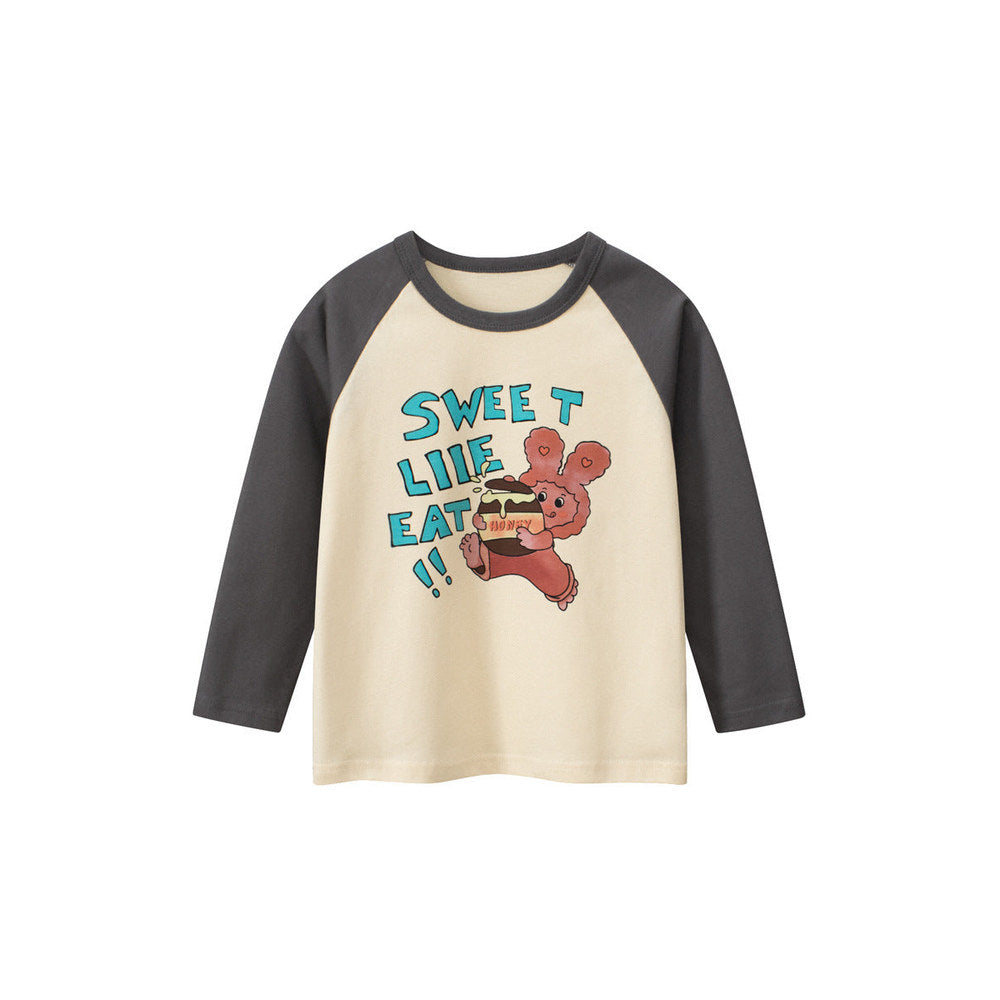 MyKids-USA® Kids Girls Cartoon Print Crew Neck Long Sleeves Color Patchwork Shirt