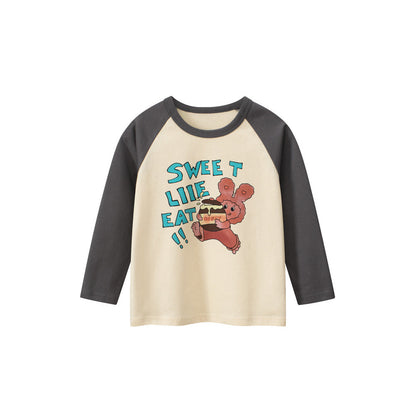 MyKids-USA® Kids Girls Cartoon Print Crew Neck Long Sleeves Color Patchwork Shirt