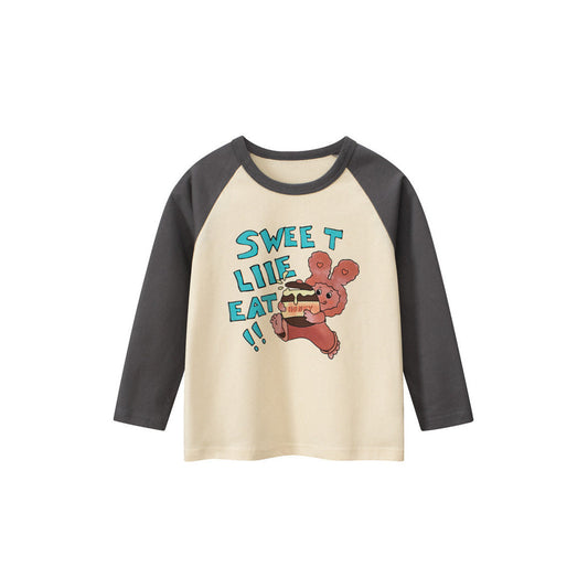 MyKids-USA® Kids Girls Cartoon Print Crew Neck Long Sleeves Color Patchwork Shirt