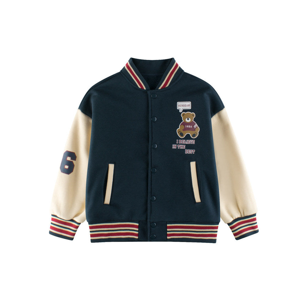 MyKids-USA® Boys and Girls Teddy Bear and Letters Printed Contrast Design Color Patchwork Single Breasted Striped Baseball Coat