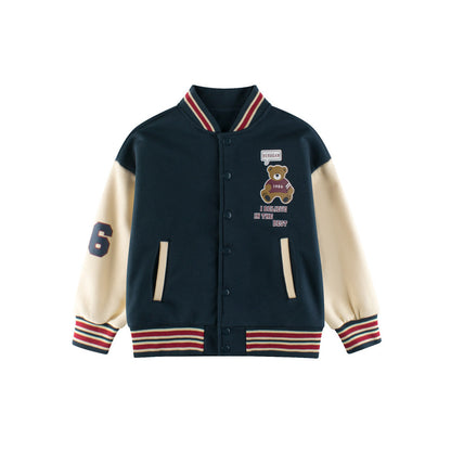 MyKids-USA® Boys and Girls Teddy Bear and Letters Printed Contrast Design Color Patchwork Single Breasted Striped Baseball Coat