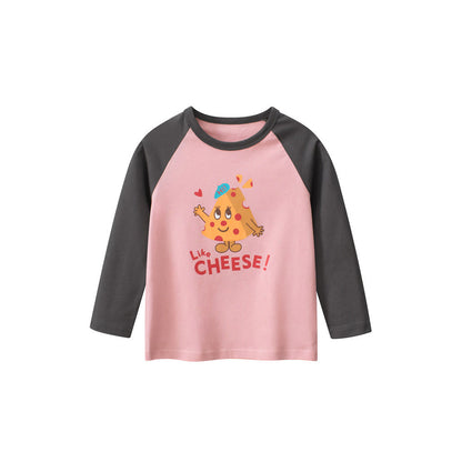MyKids-USA® Kids Girls Cartoon Print Crew Neck Long Sleeves Color Patchwork Shirt