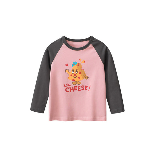 MyKids-USA® Kids Girls Cartoon Print Crew Neck Long Sleeves Color Patchwork Shirt