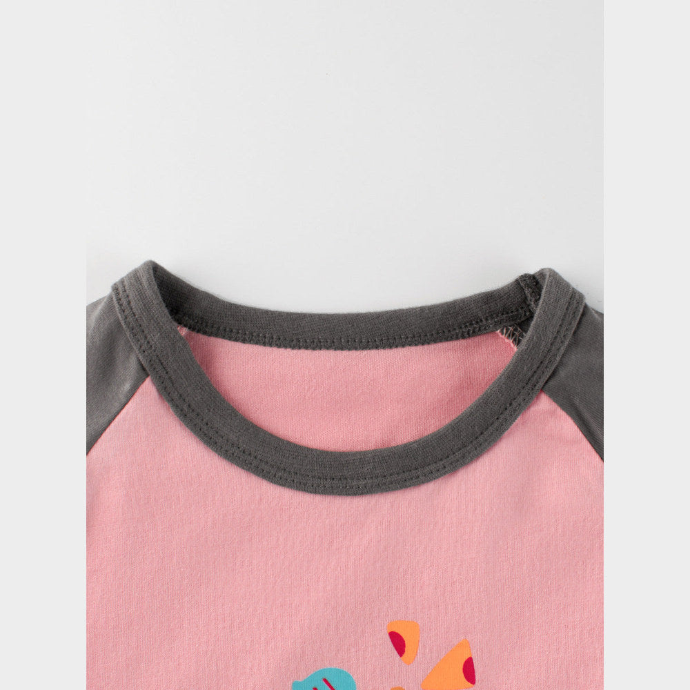 MyKids-USA® Kids Girls Cartoon Print Crew Neck Long Sleeves Color Patchwork Shirt