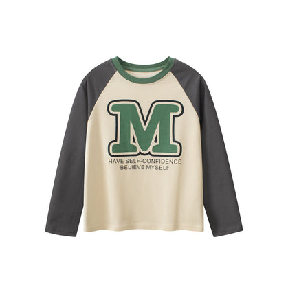 MyKids-USA® Kids Boys Letters Print Crew Neck Long Sleeves Color Patchwork Shirt