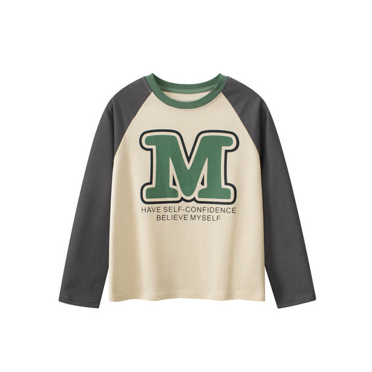 MyKids-USA® Kids Boys Letters Print Crew Neck Long Sleeves Color Patchwork Shirt