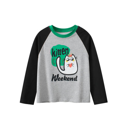MyKids-USA® Kids Boys Cartoon Print Crew Neck Long Sleeves Color Patchwork Shirt