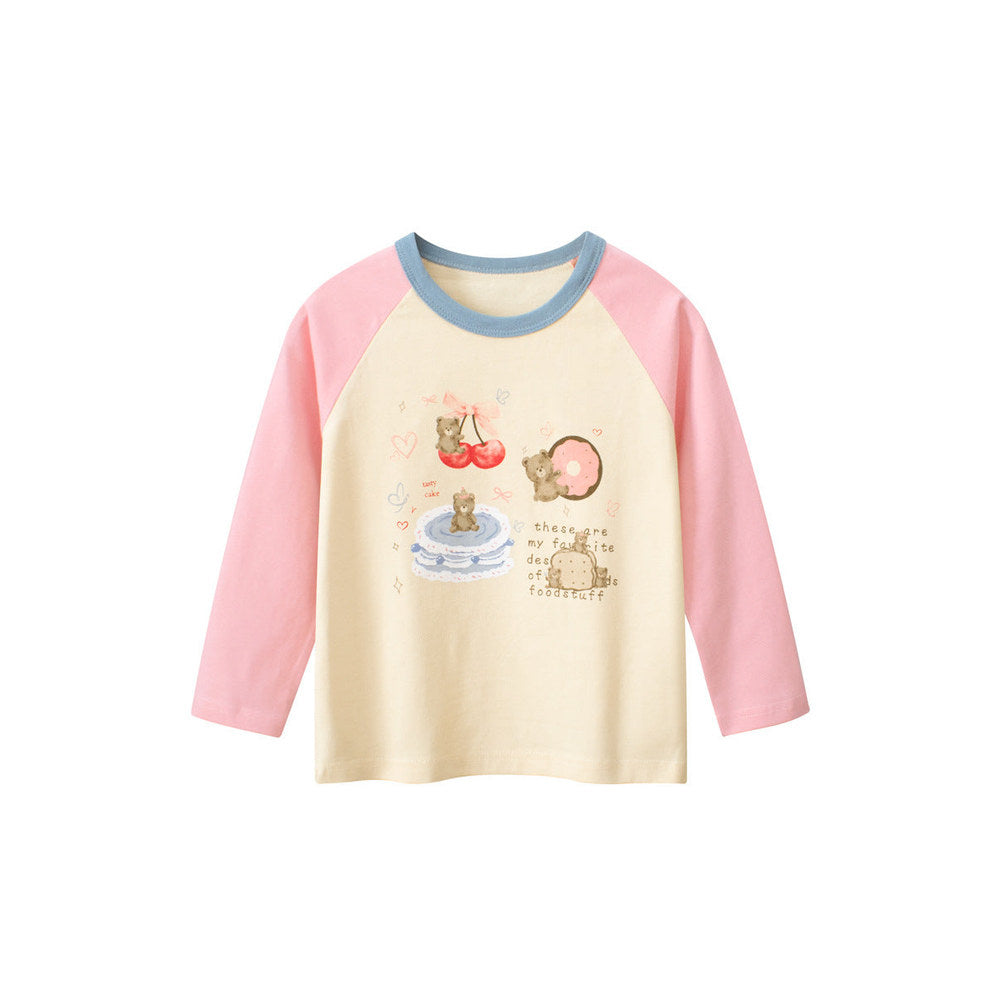 MyKids-USA® Kids Girls Teddy Cartoon Print Crew Neck Long Sleeves Color Patchwork Shirt