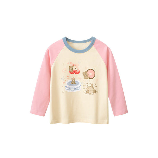 MyKids-USA® Kids Girls Teddy Cartoon Print Crew Neck Long Sleeves Color Patchwork Shirt