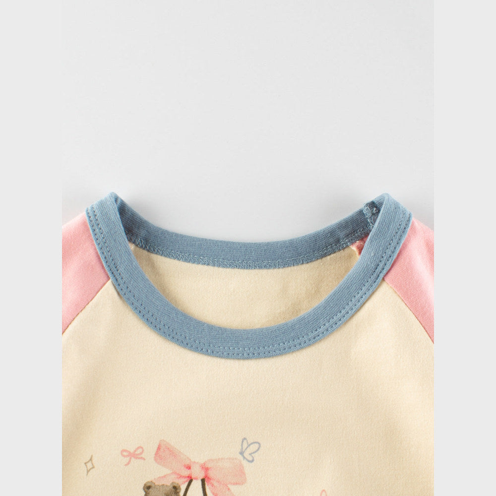 MyKids-USA® Kids Girls Teddy Cartoon Print Crew Neck Long Sleeves Color Patchwork Shirt