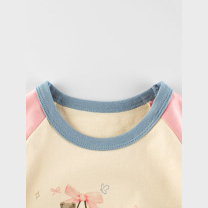 MyKids-USA® Kids Girls Teddy Cartoon Print Crew Neck Long Sleeves Color Patchwork Shirt