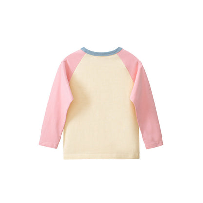 MyKids-USA® Kids Girls Teddy Cartoon Print Crew Neck Long Sleeves Color Patchwork Shirt