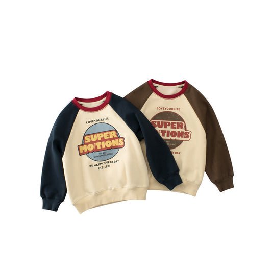 MyKids-USA® Kids Boys Letters Print Crew Neck Long Sleeves Color Patchwork Sweatshirt