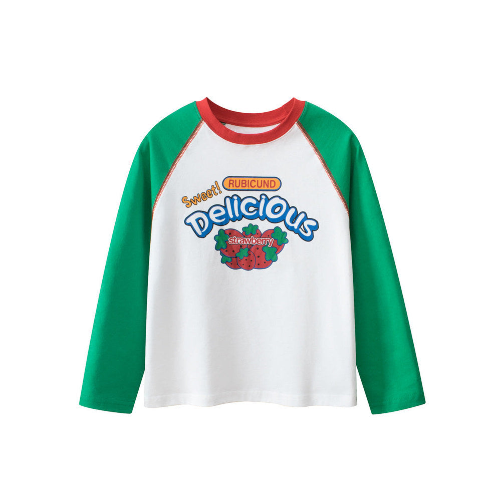 MyKids-USA® Kids Strawberry Print Crew Neck Long Sleeves Color Patchwork Sweatshirt