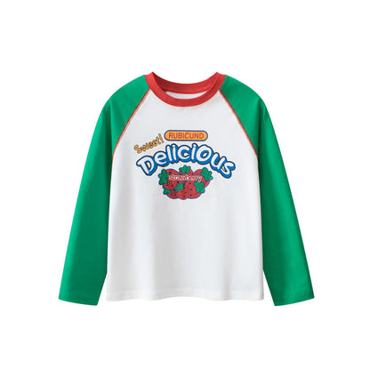 MyKids-USA® Kids Strawberry Print Crew Neck Long Sleeves Color Patchwork Sweatshirt