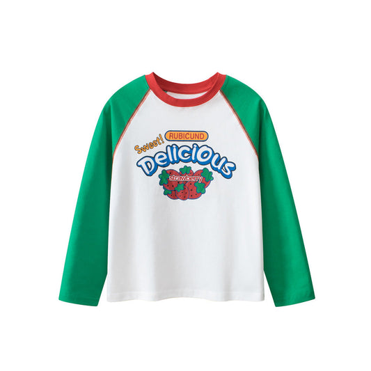 MyKids-USA® Kids Strawberry Print Crew Neck Long Sleeves Color Patchwork Sweatshirt